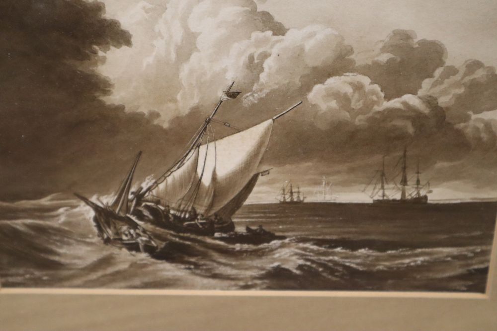 After J M W Turner, sepia watercolour, Dutch boats in a gale, 15 x 22cm and an 18th century watercolour of fisherfolk on the shore, 14